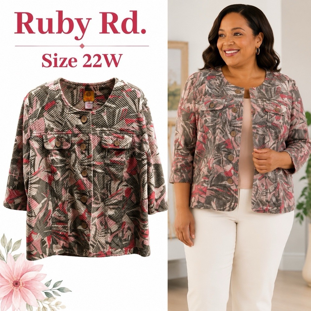 Ruby Rd. Women's Textured Floral Jacket 20W Pink Green 3/4 Sleeve Lightweight